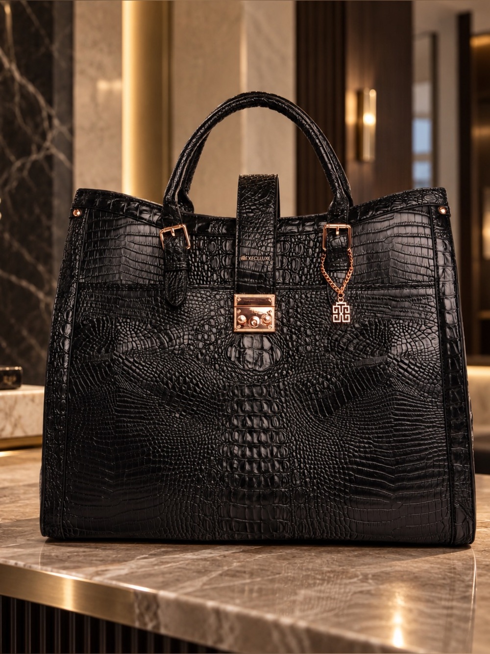 EXECULUXE Onyx Kinsley Rollerbrief Crocodile Embossed Vegan Leather Trolley Bag